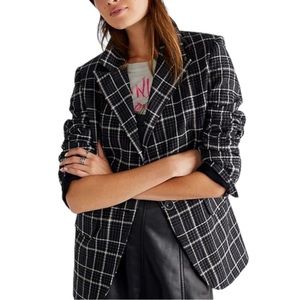 New WE THE FREE by Free People Bowie Plaid Cotton Blazer Charcoal Combo Sz S